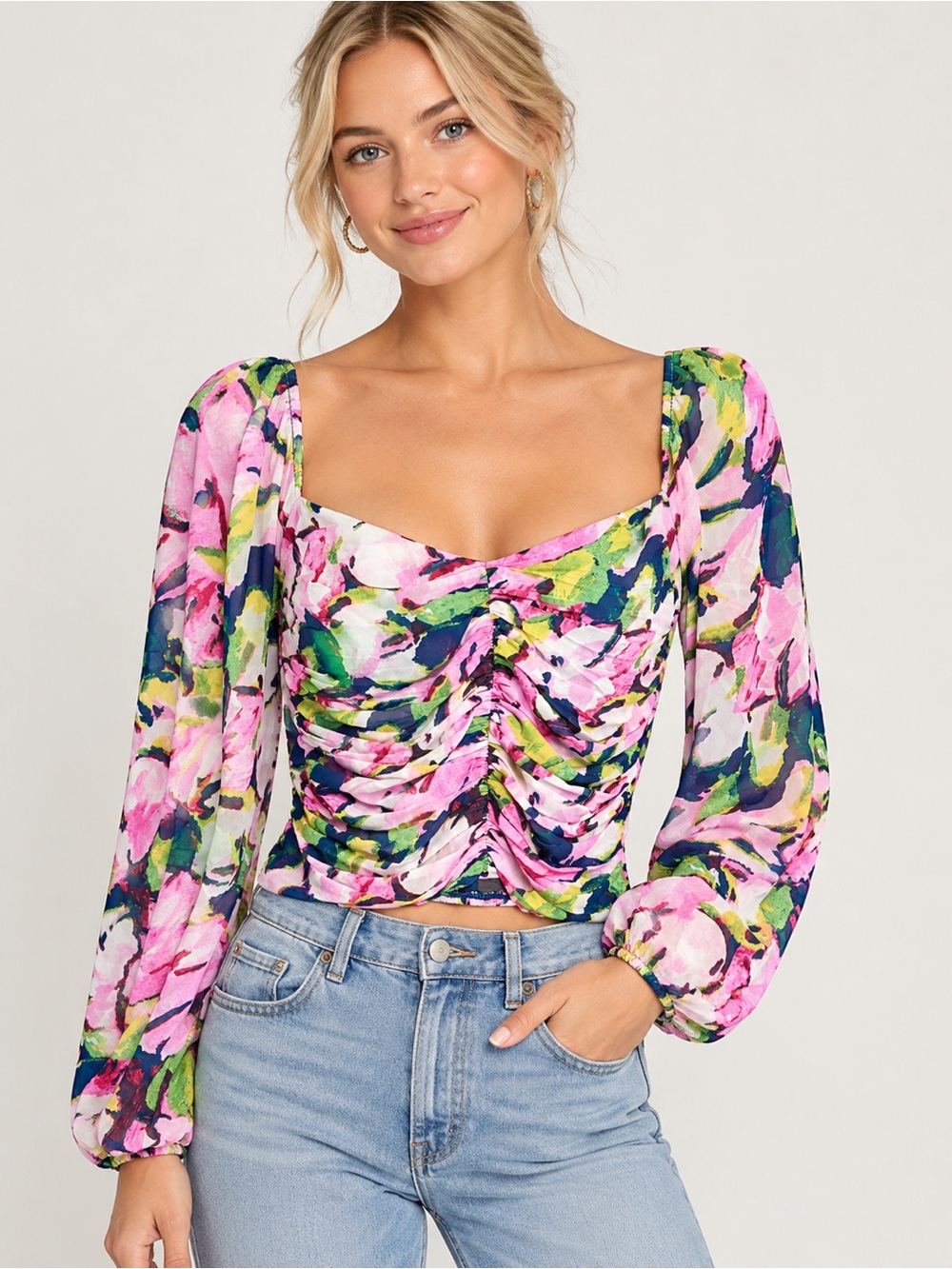 Abercrombie & Fitch Pink Multi Ruched Long Sleeve Blouse Medium